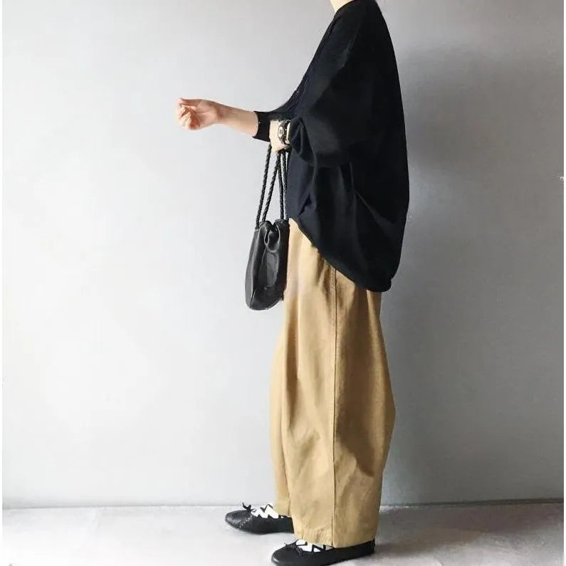 Women's lantern sleeve loose round neck sweater and wide leg cropped pants two-piece set in picture colour