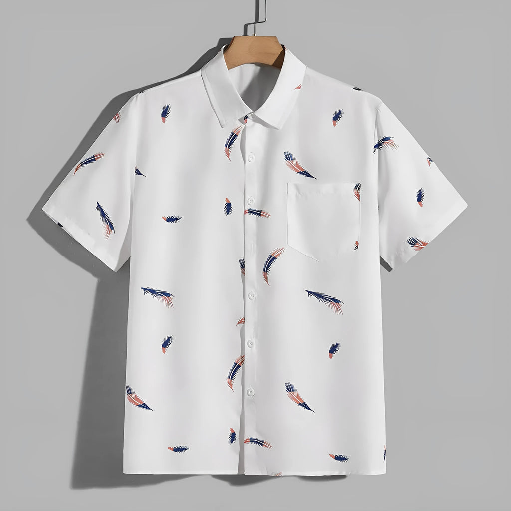 Men's feather pocket short sleeve cotton blend cardigan in white, yellow, and blue print, front view.