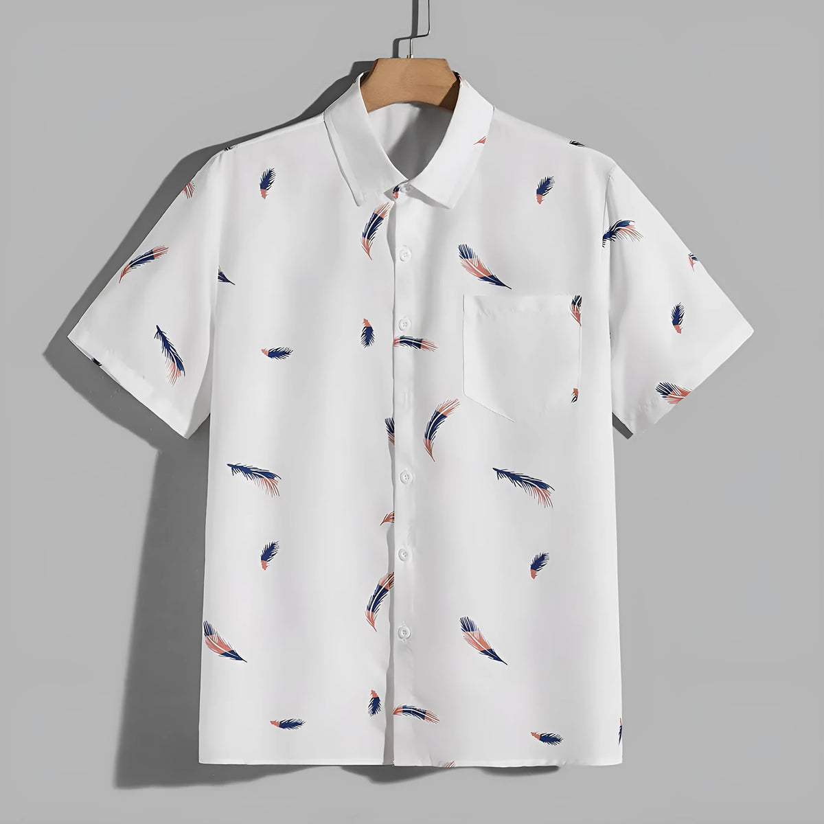 Men's feather pocket short sleeve cotton blend cardigan in white, yellow, and blue print, front view.