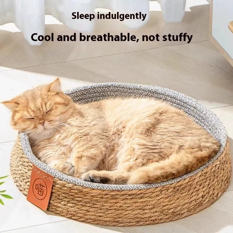 Woven rattan cat nest pet bed in a natural colour, shown in a size suitable for a medium cat.