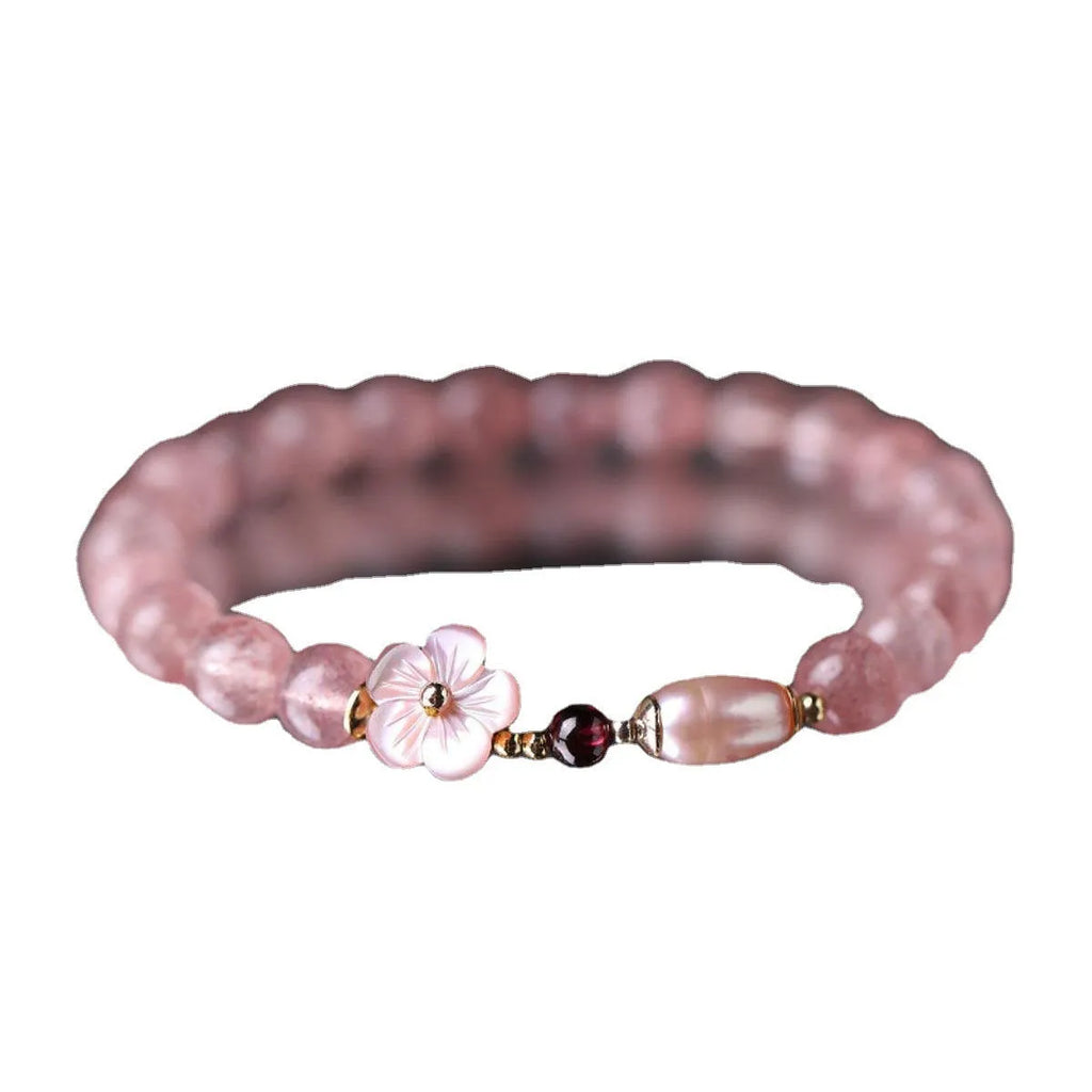 Strawberry quartz peach blossom floral charm crystal bracelet for women.