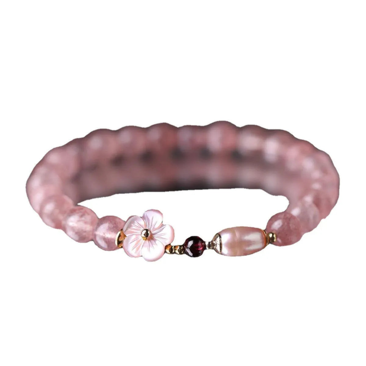 Strawberry quartz peach blossom floral charm crystal bracelet for women.