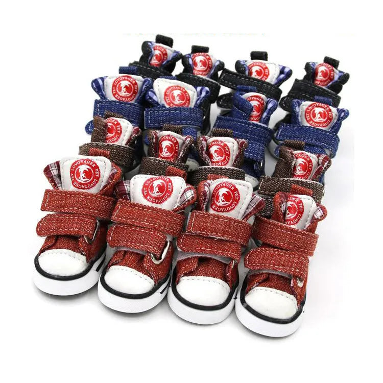 Small dog canvas shoes in blue or black, anti-slip cloth pet boots, sizes 1 to 5, set of 4.