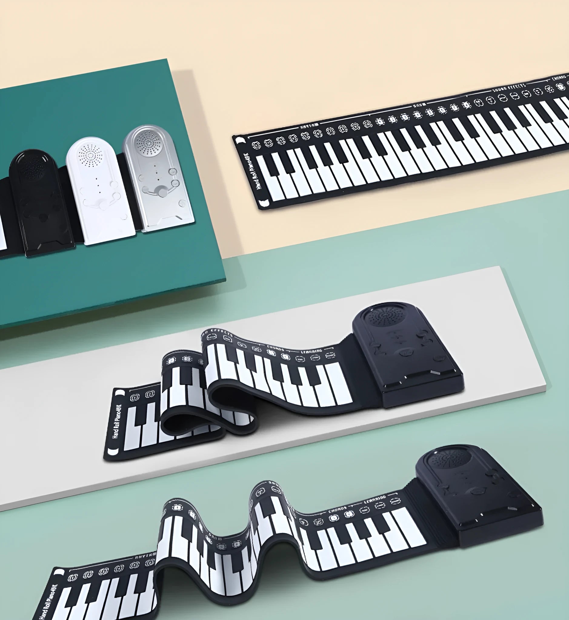 Pearlescent white portable electronic keyboard with 49 silicone keys, rolled up next to its compact ABS plastic control unit.