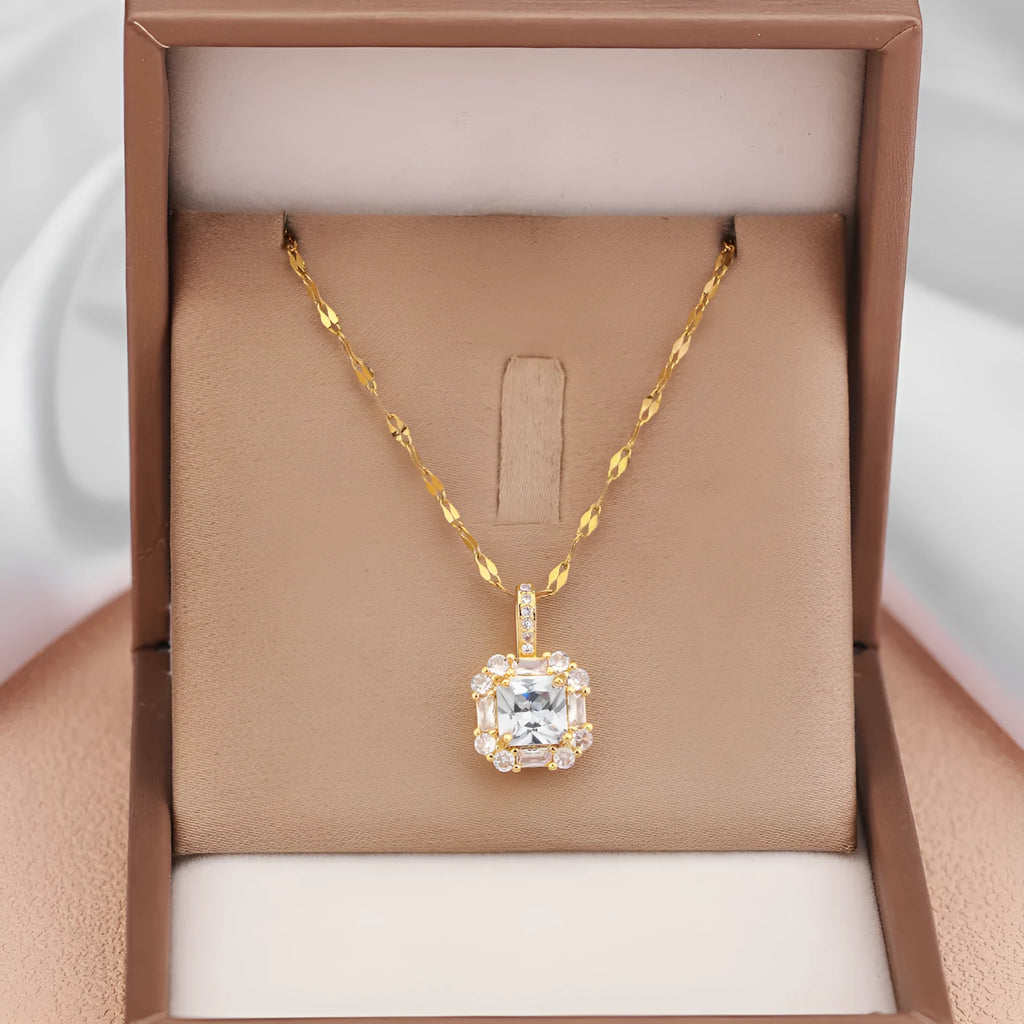 Women's geometric quadrilateral clavicle chain with mixed gemstones on water wave titanium steel chain