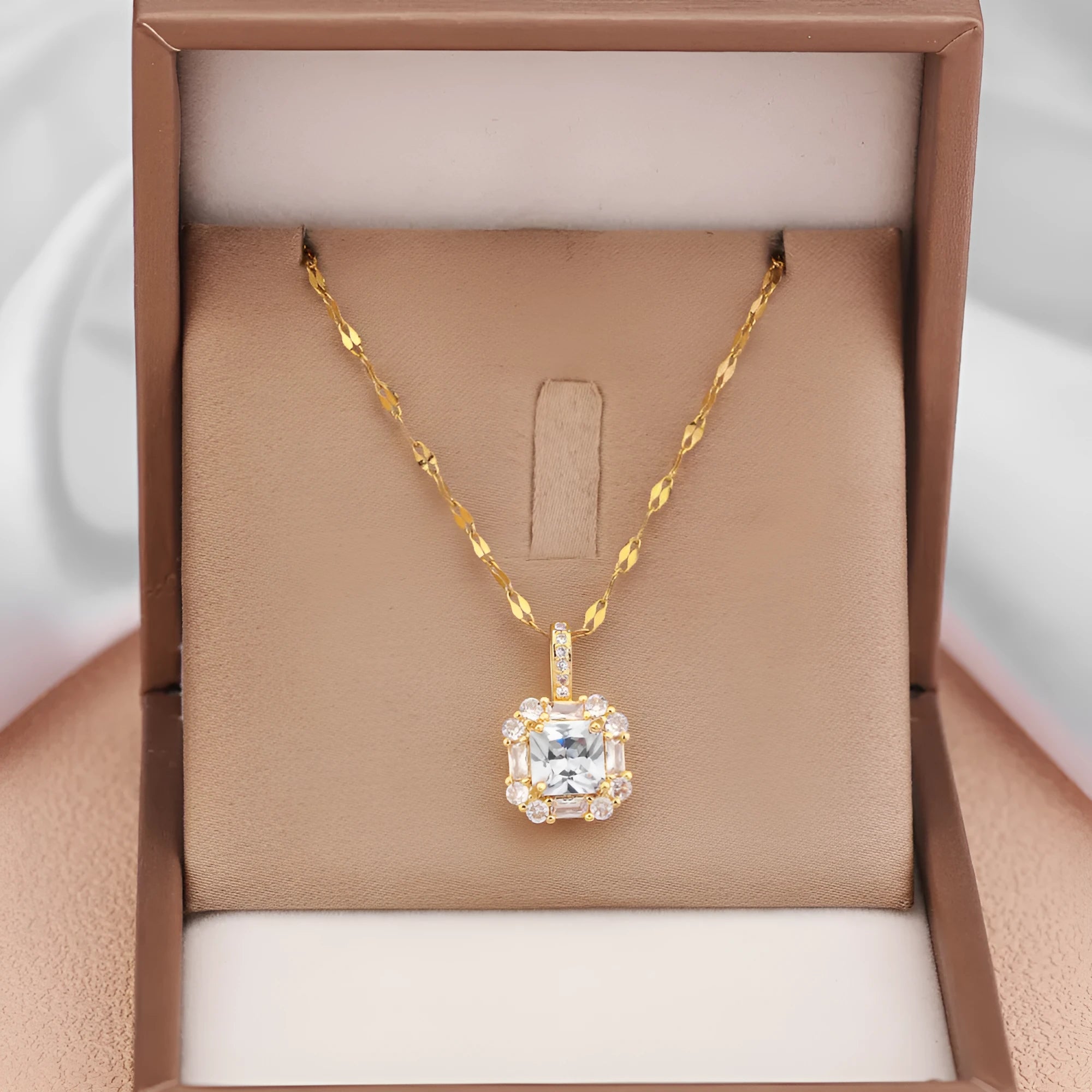 Women's geometric quadrilateral clavicle chain with mixed gemstones on water wave titanium steel chain