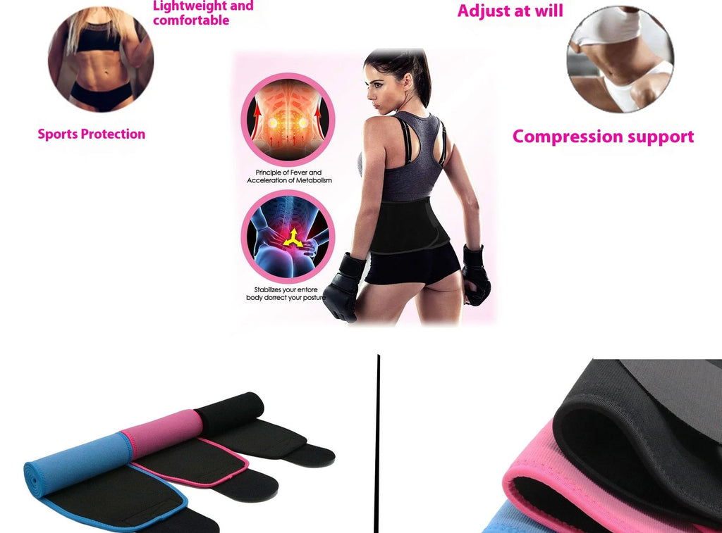 Black neoprene lumbar support waist belt for running and fitness.