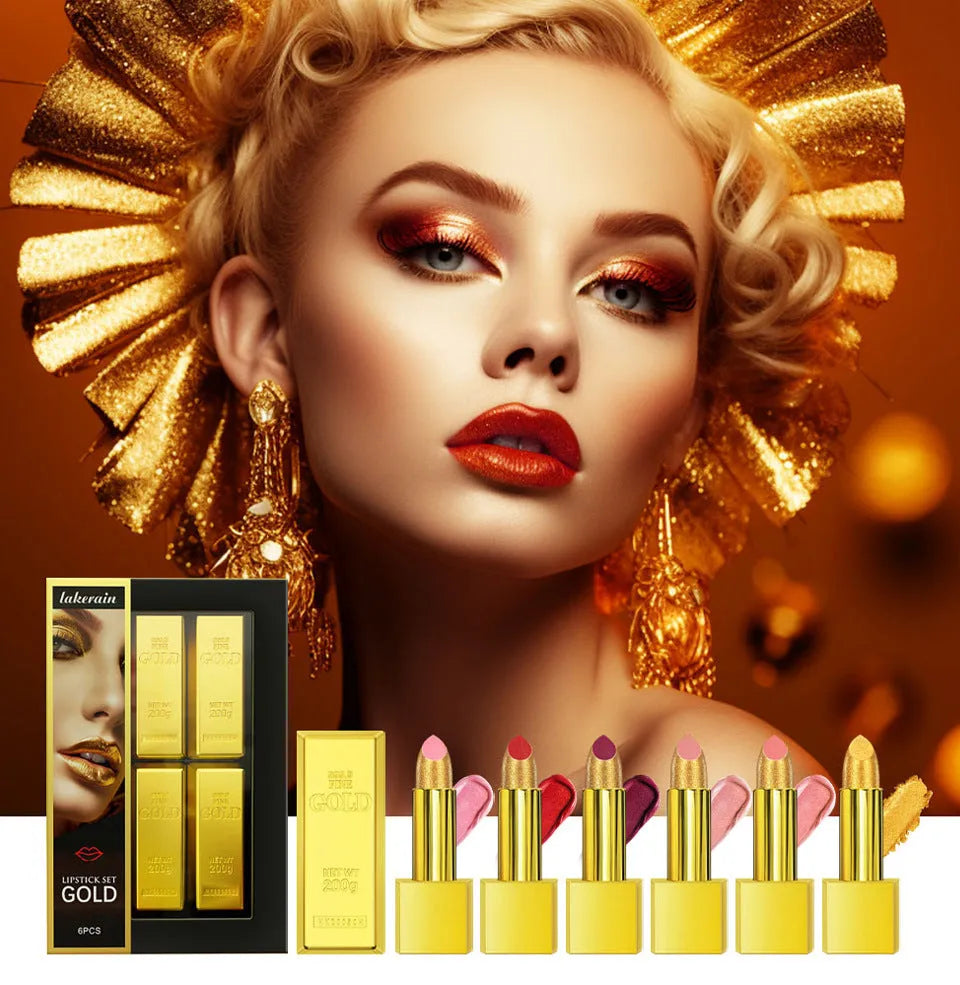 Gold brick tube design lipstick kit with 6 colour lipsticks in a set