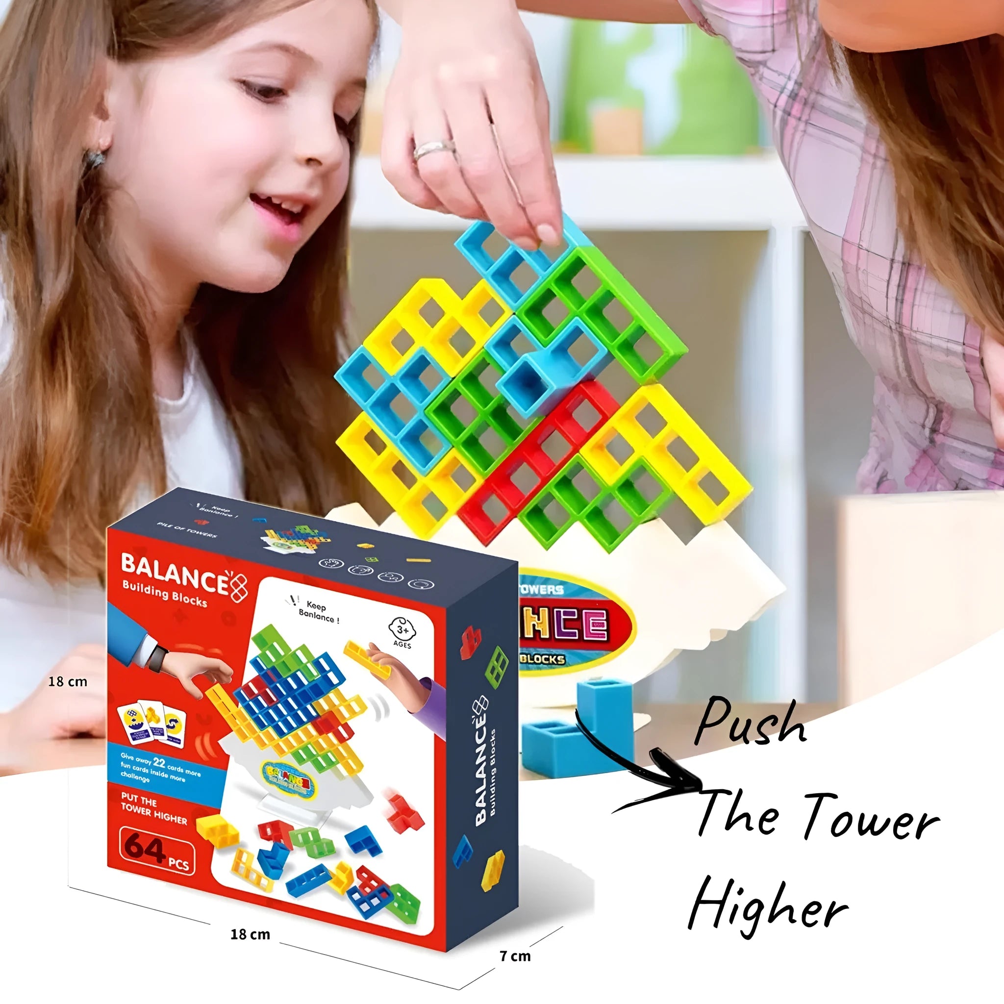 Plastic balance stacking game with coloured blocks, chassis and base for kids and adults