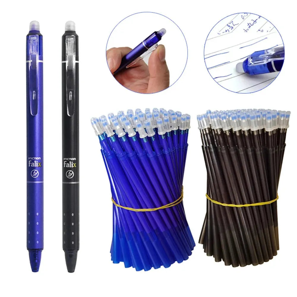 Hot Erasable Push Gel Pen with 0.5mm tip in plastic casing, shown with blue and black ink options.