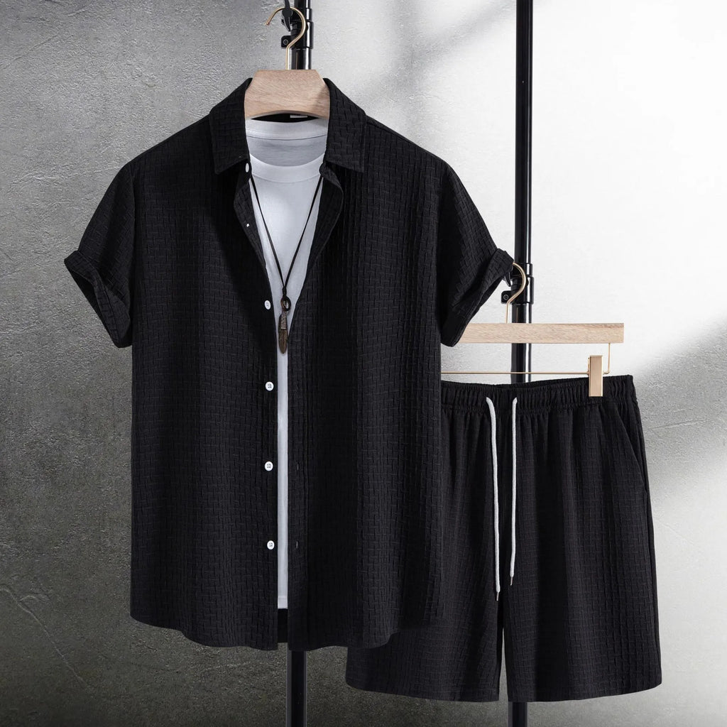 Men's white cotton blend short sleeve shirt and matching shorts casual summer suit