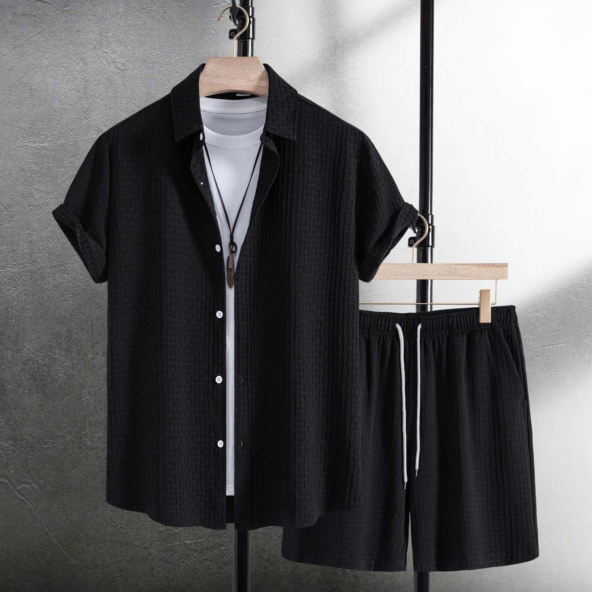 Men's white cotton blend short sleeve shirt and matching shorts casual summer suit
