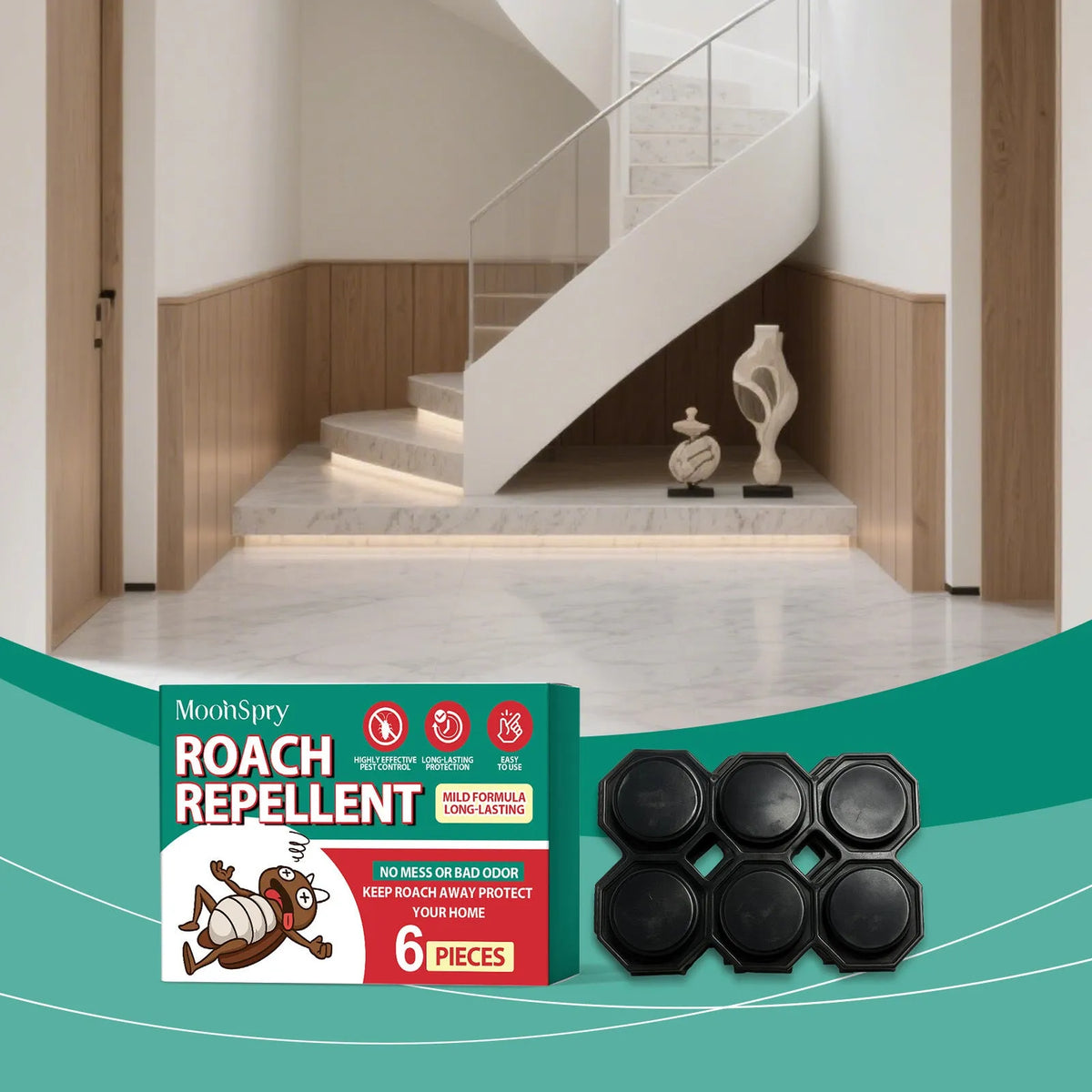 Six-piece cockroach bait house set for kitchen and bedroom household extermination with listed bait ingredients.