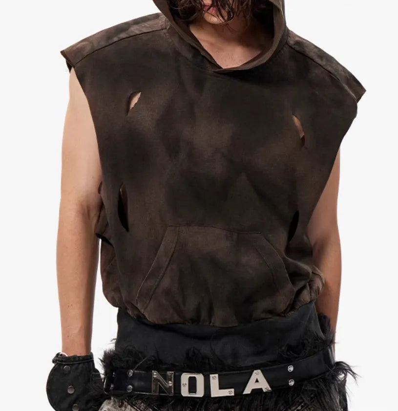 Khaki coloured cotton short hood vest for teenagers on a size chart background.