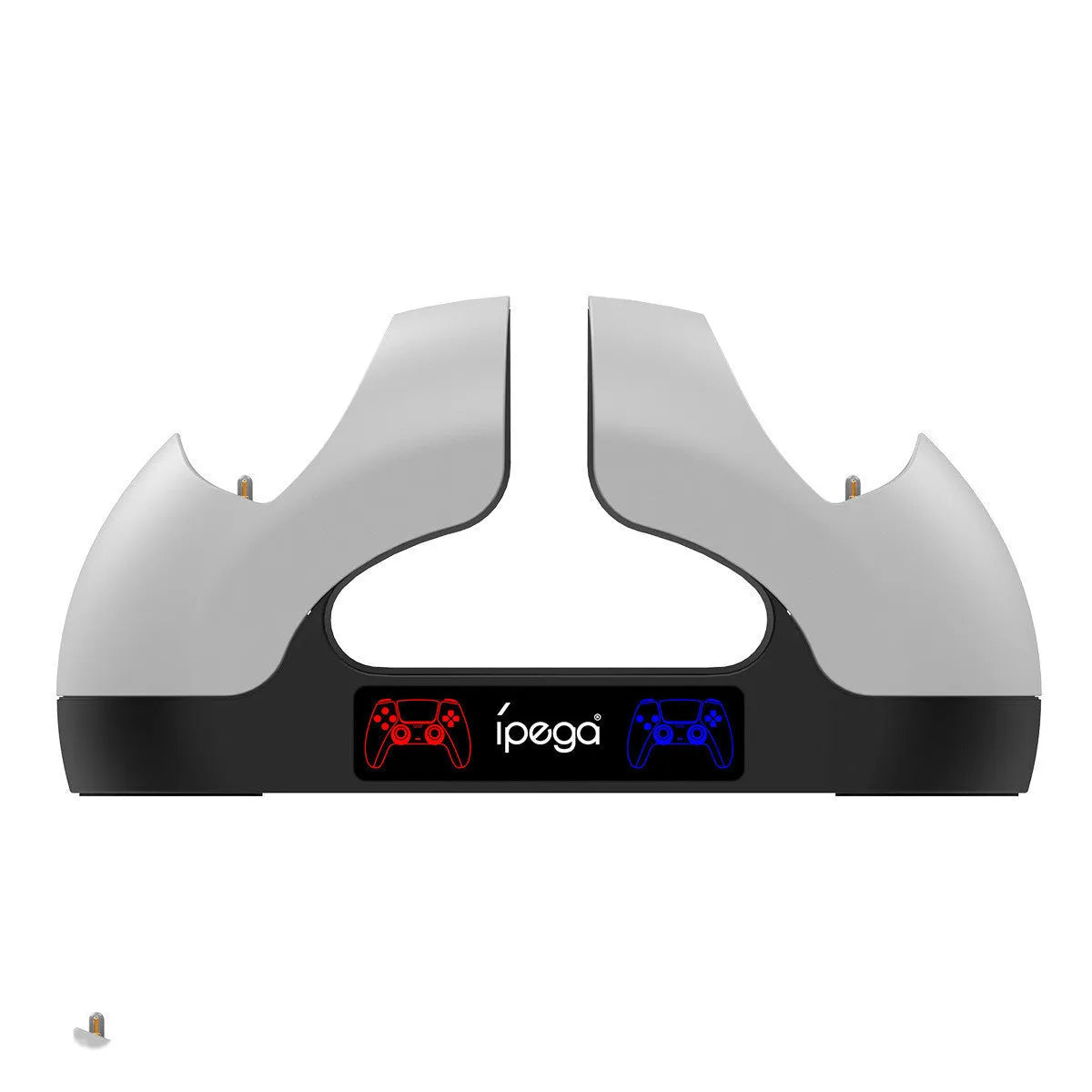 PS5 gamepad charger contact type double seat in black and white with two controllers docked showing charging status