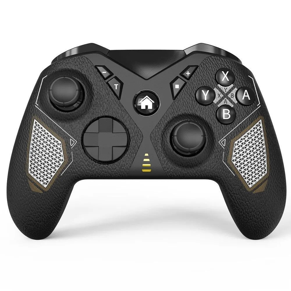 Black wireless game controller with leather-pattern grip for Nintendo Switch, PC, and mobile phones.