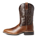 Men's black embroidered vintage Western cowboy boots with a wide square toe and low horseshoe heel.