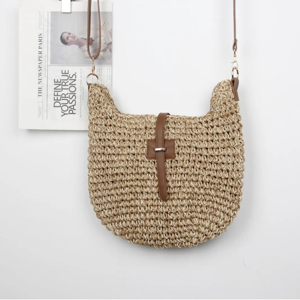 Handmade woven fashion bag with sandwich pocket construction in beige colour
