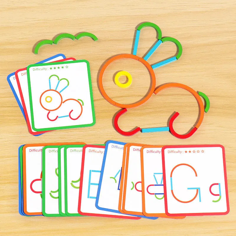 Children's wooden thinking training puzzle with creative stick and ring pieces on illustrated board, colour box packaging