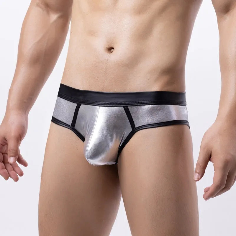 Men's polyester bikini swim briefs in gold, red, silver colours with low waist design