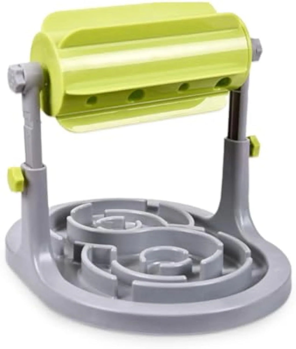 Blue interactive puzzle feeder bowl for dogs and cats with adjustable height and raised patterns.