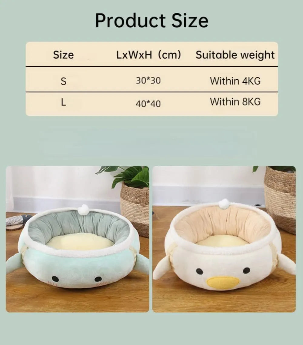 Green chick and dinosaur shaped cat bed shown both flat and hung as a hammock for small pets.