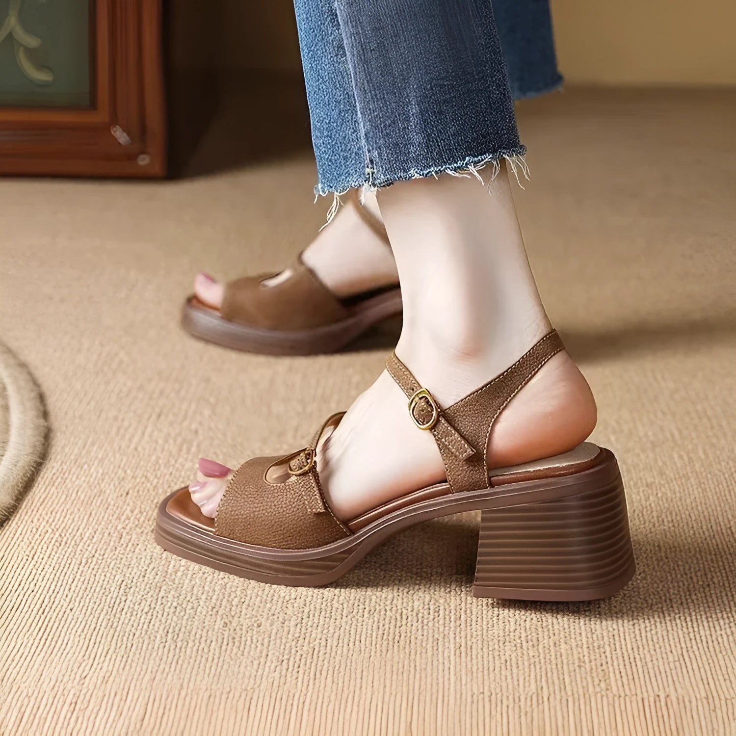 Women's beige open toe square toe retro platform sandals with a rubber sole.