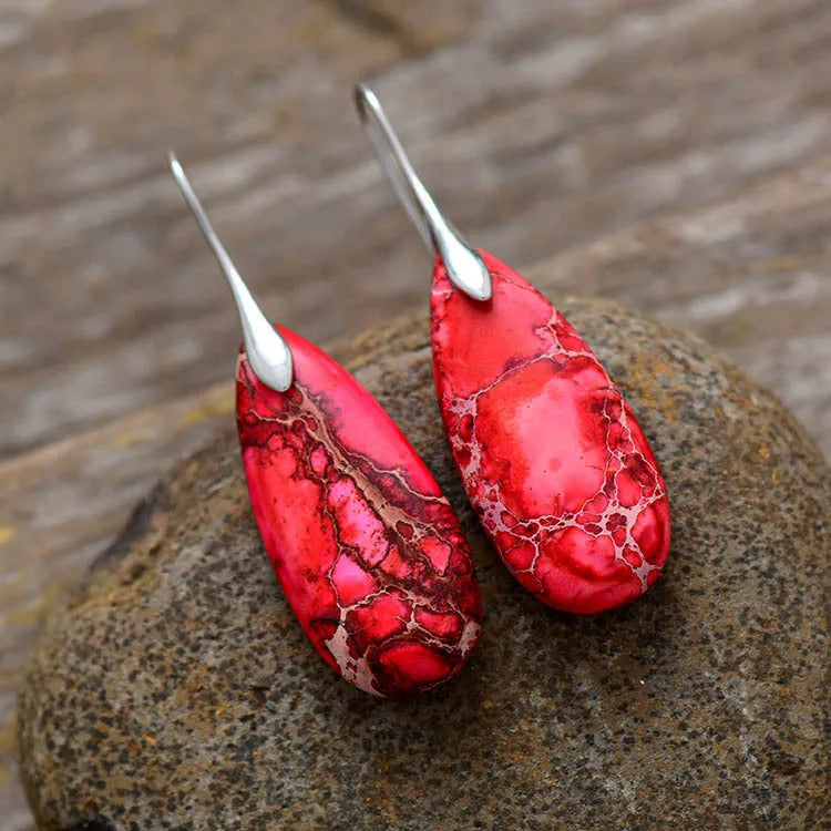 Bohemian emperor stone water drop earrings for women in red purple blue or orange with gold ear hook options