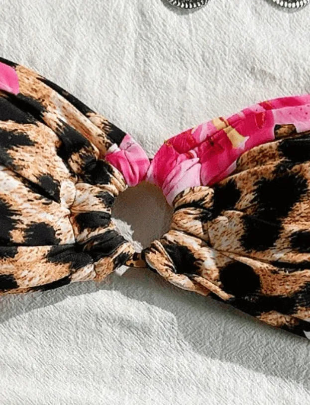 Women's polyester bikini set in pink leopard print, blue, or leopard print, sizes S-XL, tube top with split detail.