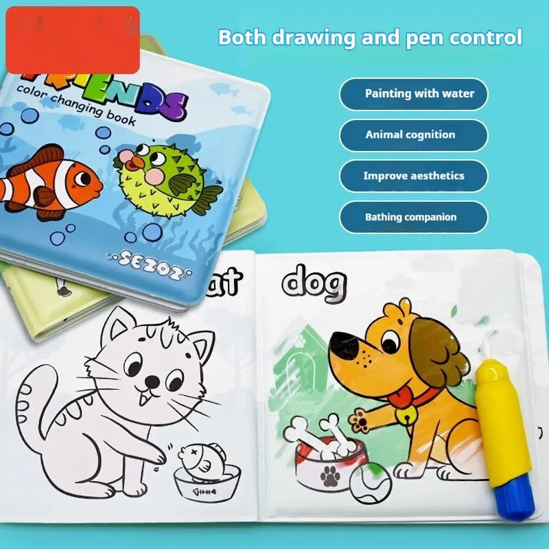 Magic water painting colour changing bath book for babies 0-3 years, PEVA tear-proof waterproof, animal design