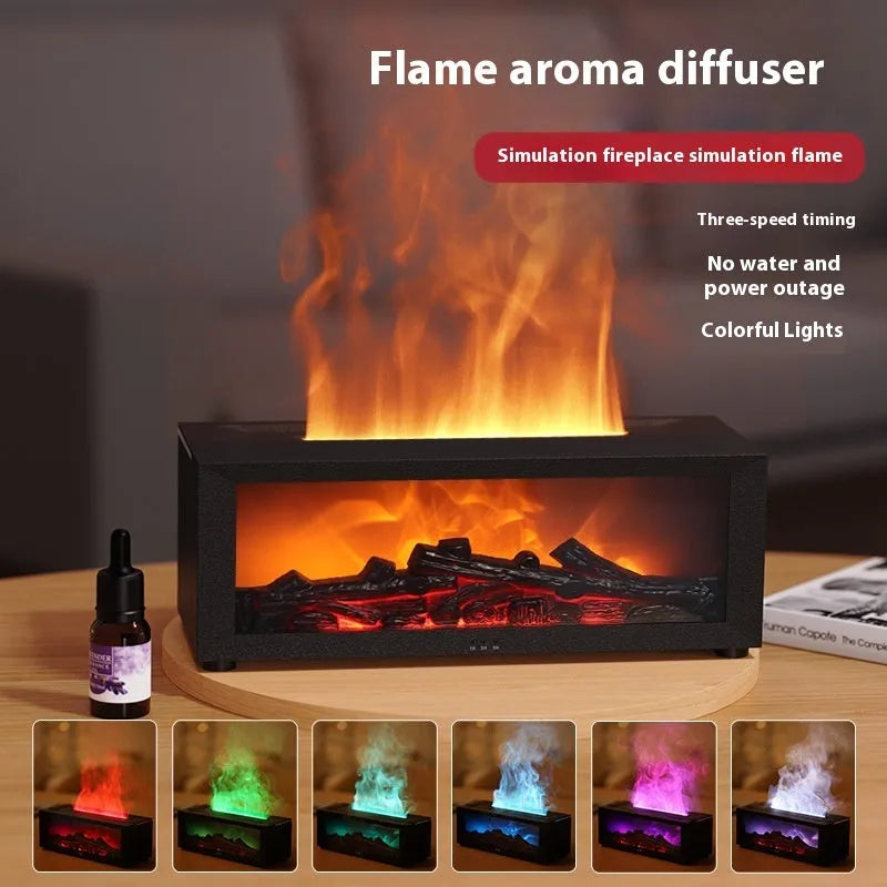 Square desktop flame aromatherapy diffuser with realistic fire effect and 7-colour mood light base.
