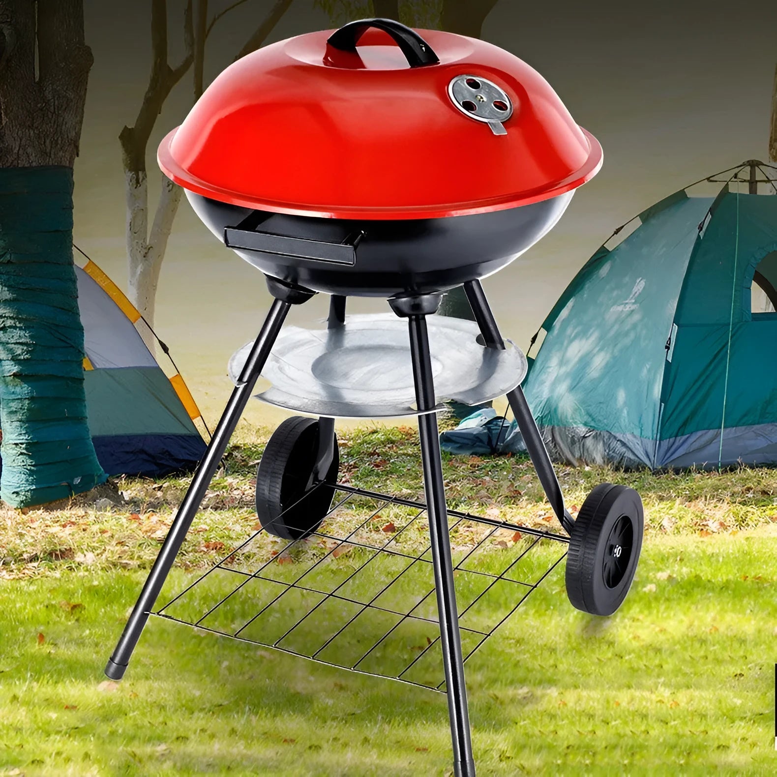 Portable iron barbecue oven with a 14-inch apple stove grill, modern minimalist design.