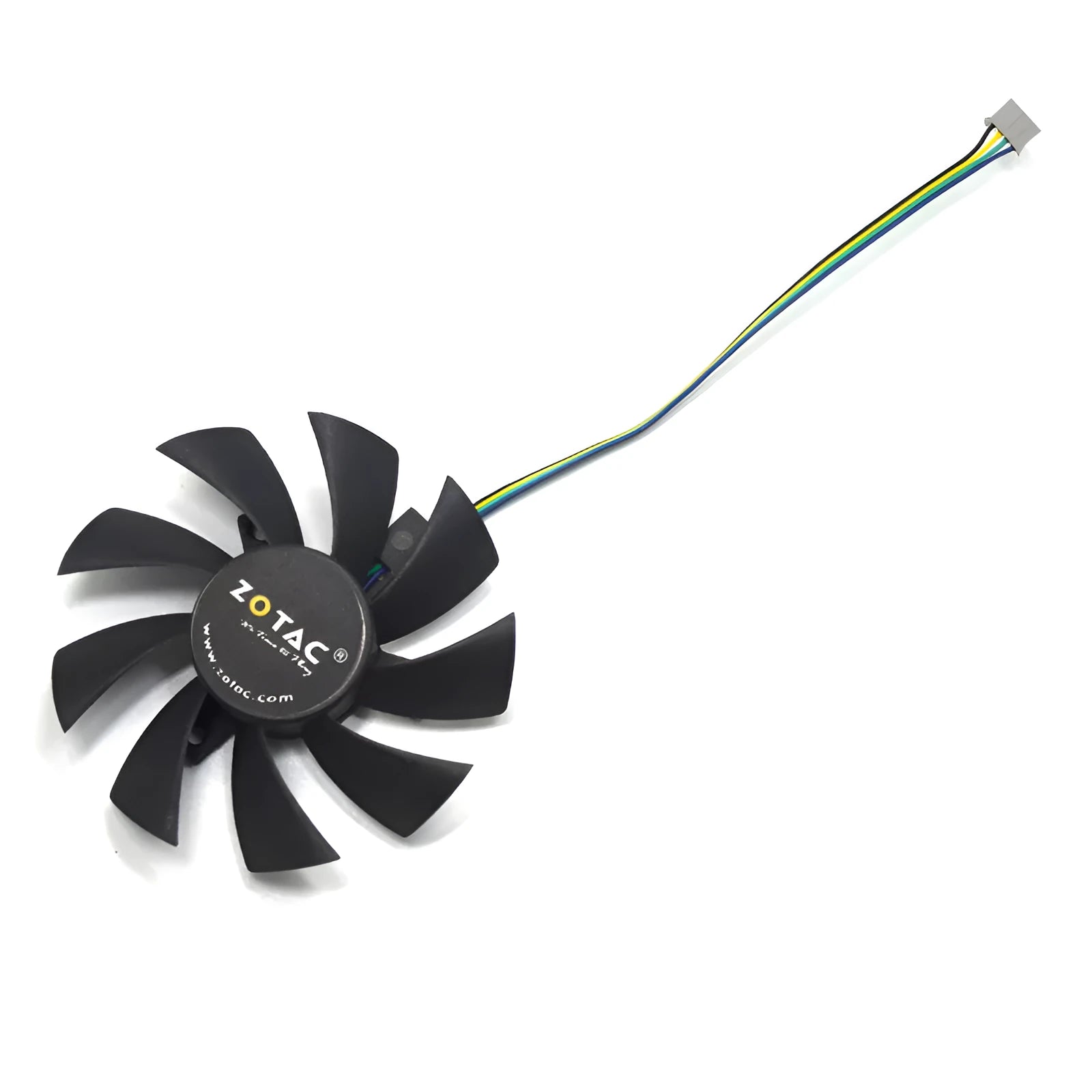 Black 85mm square PC cooling fan with four-pin PWM connector for graphics card replacement
