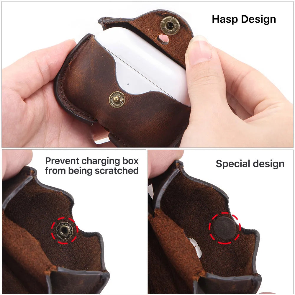 Brown genuine leather AirPods Pro case with vintage clamshell design and crazy horse pattern texture