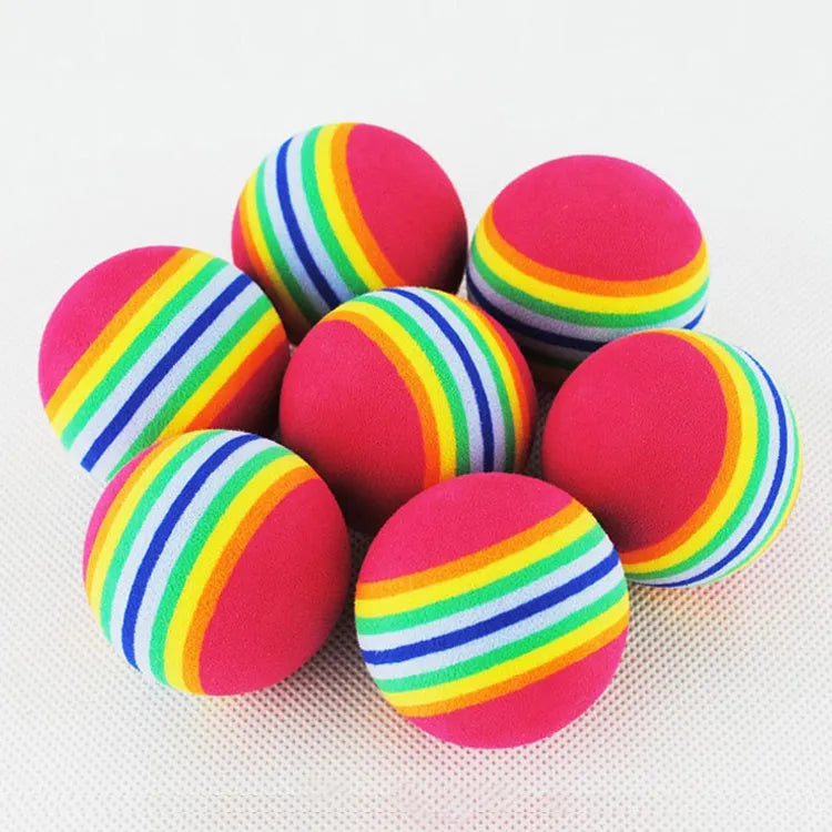 Rainbow interactive cat ball toy in soft EVA foam, 42 mm golf practice ball, yellow red light blue colours