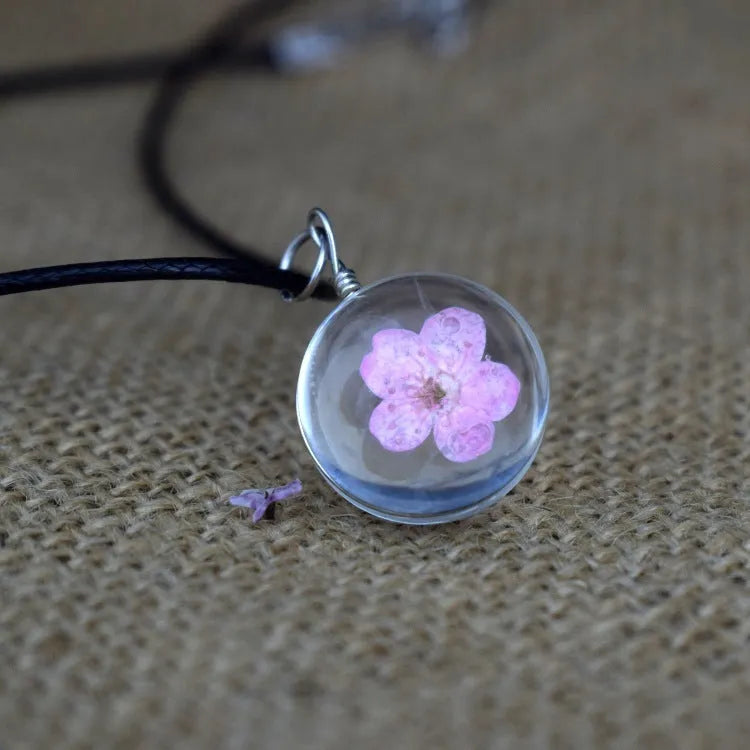 Glass bead starry time gemstone necklace with dried flowers and embossed beads