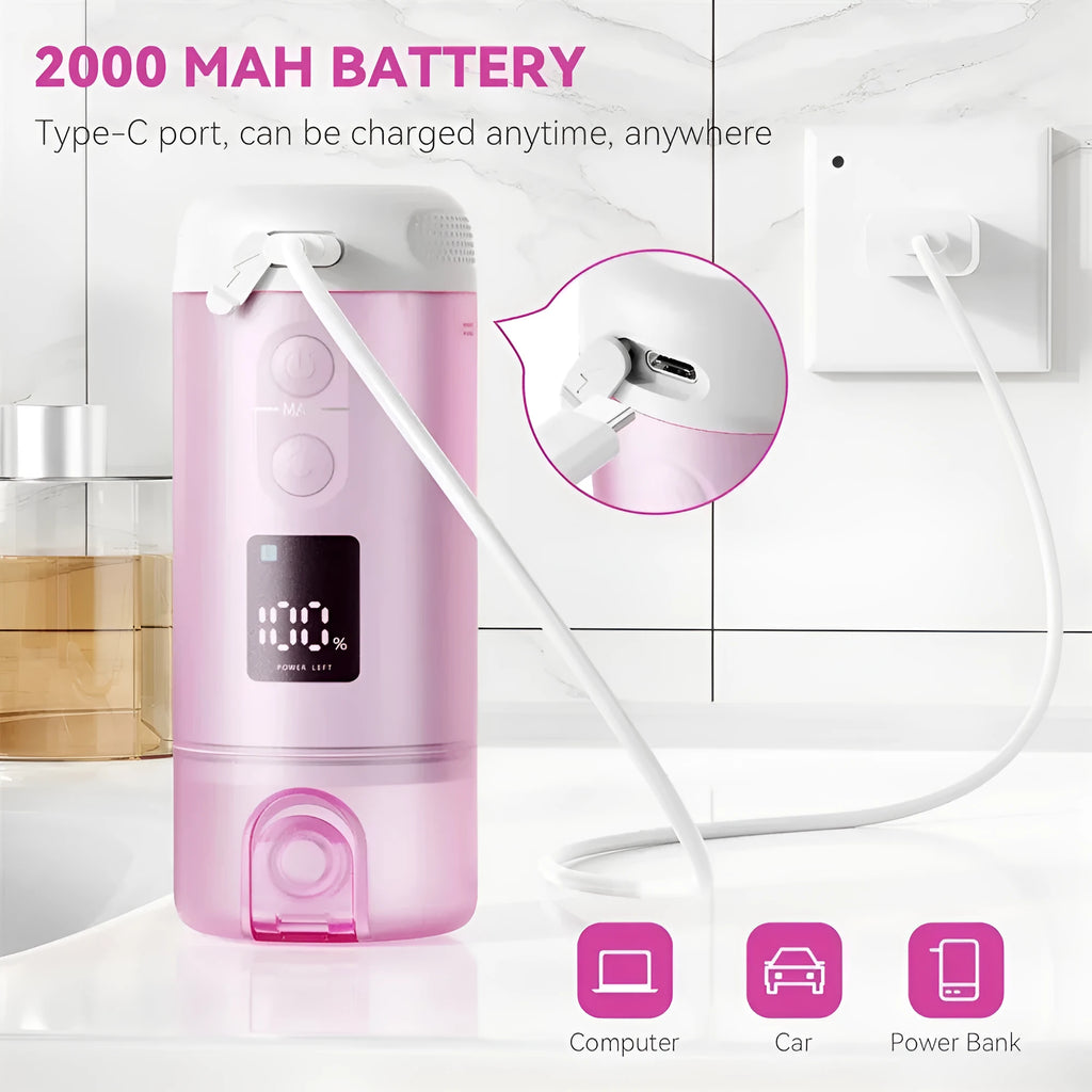 Portable household integrated electric washer in white and purple, 146x60x60mm, with LED screen and nozzles