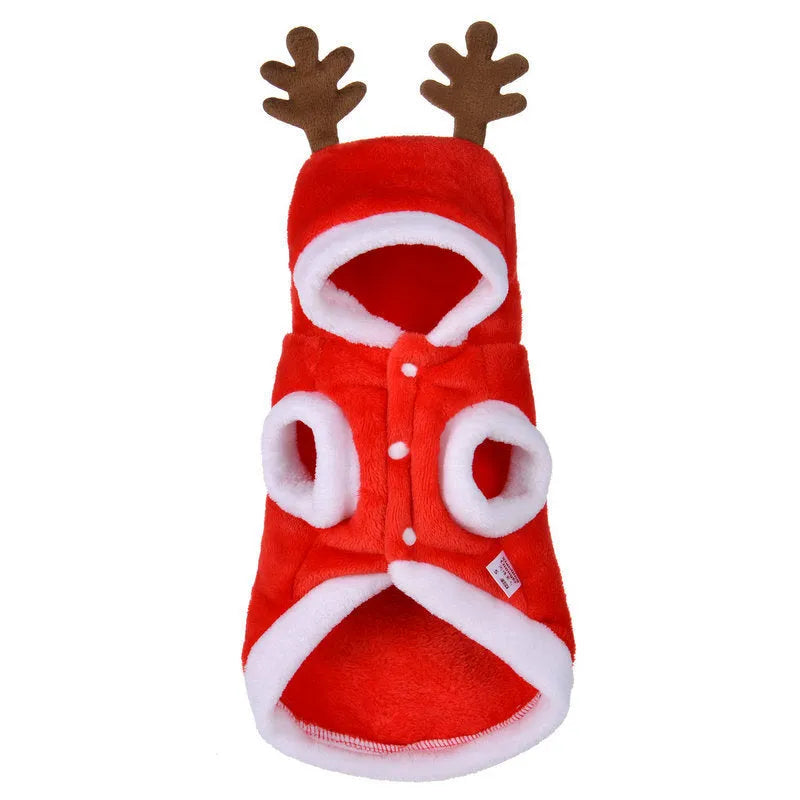 Red flannel Santa dog costume for small dogs, with size options from XS to 2XL. Folded product shown on white background.