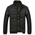 Men's winter jacket in blue with slim fit, PU patchwork stitching, and self-cultivation collar, front view
