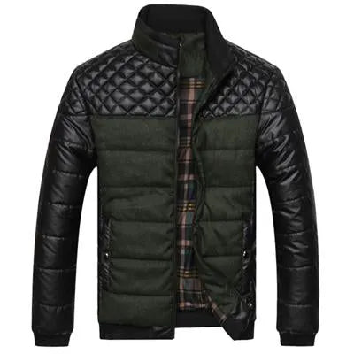 Men's winter jacket in blue with slim fit, PU patchwork stitching, and self-cultivation collar, front view