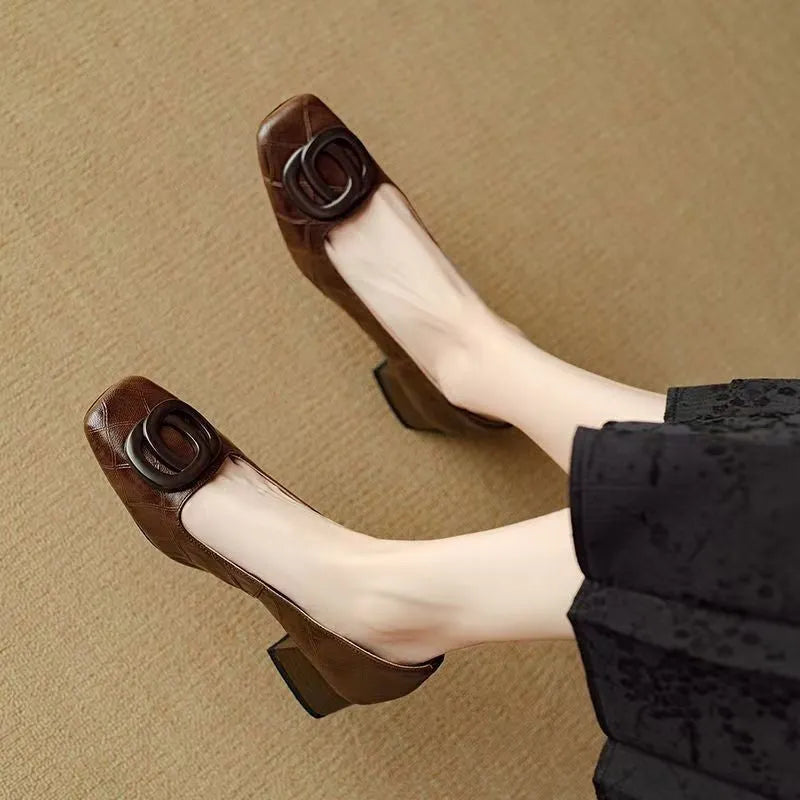 Women's sheepskin chunky heel pumps in black, square toe, low top, with buckle detail