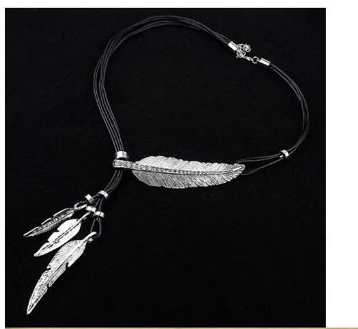 Black leather rope multilayer feather leaf tassel pendant necklace in ancient silver and black on horse whip chain