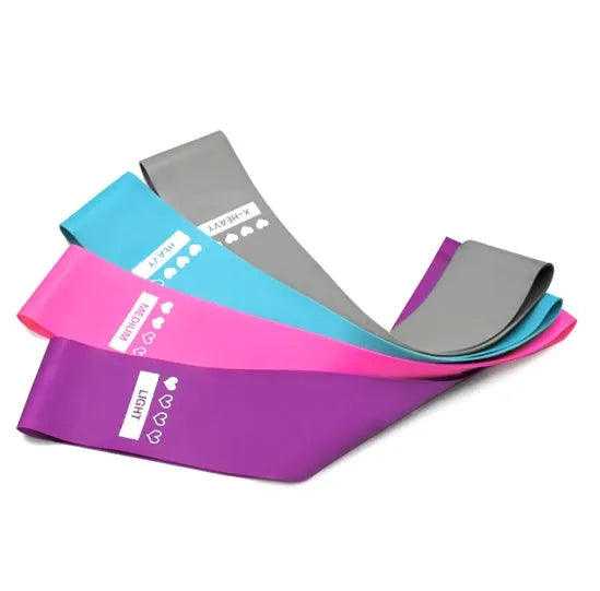 Set of 4 resistance bands in purple, pink, blue, and grey on a white background