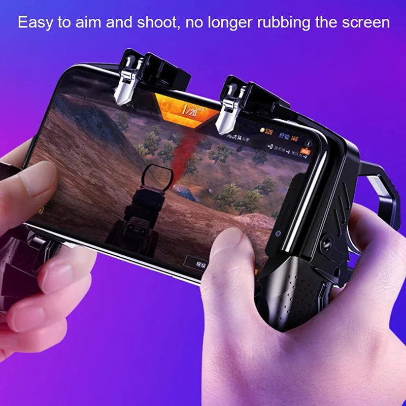 Black multi-function gamepad for PUBG Mobile with integrated phone holder and ergonomic handle design