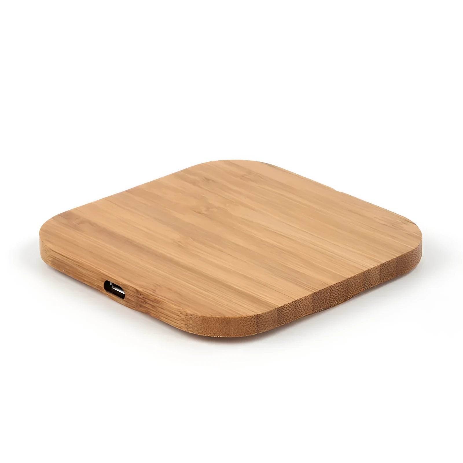 Square wooden bamboo wireless charging pad with brown colour showing dimensions 92mm x 92mm