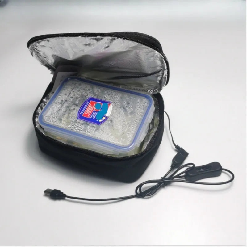 Black USB heating lunch thermal bag with Oxford cloth construction and power connection