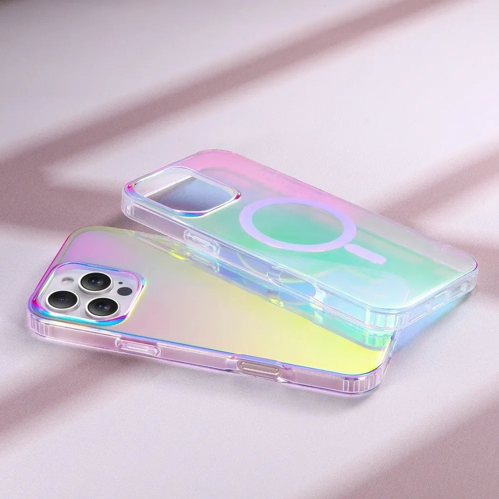 Glossy transparent magnetic iPhone case with colour-changing chameleon finish on a smartphone.