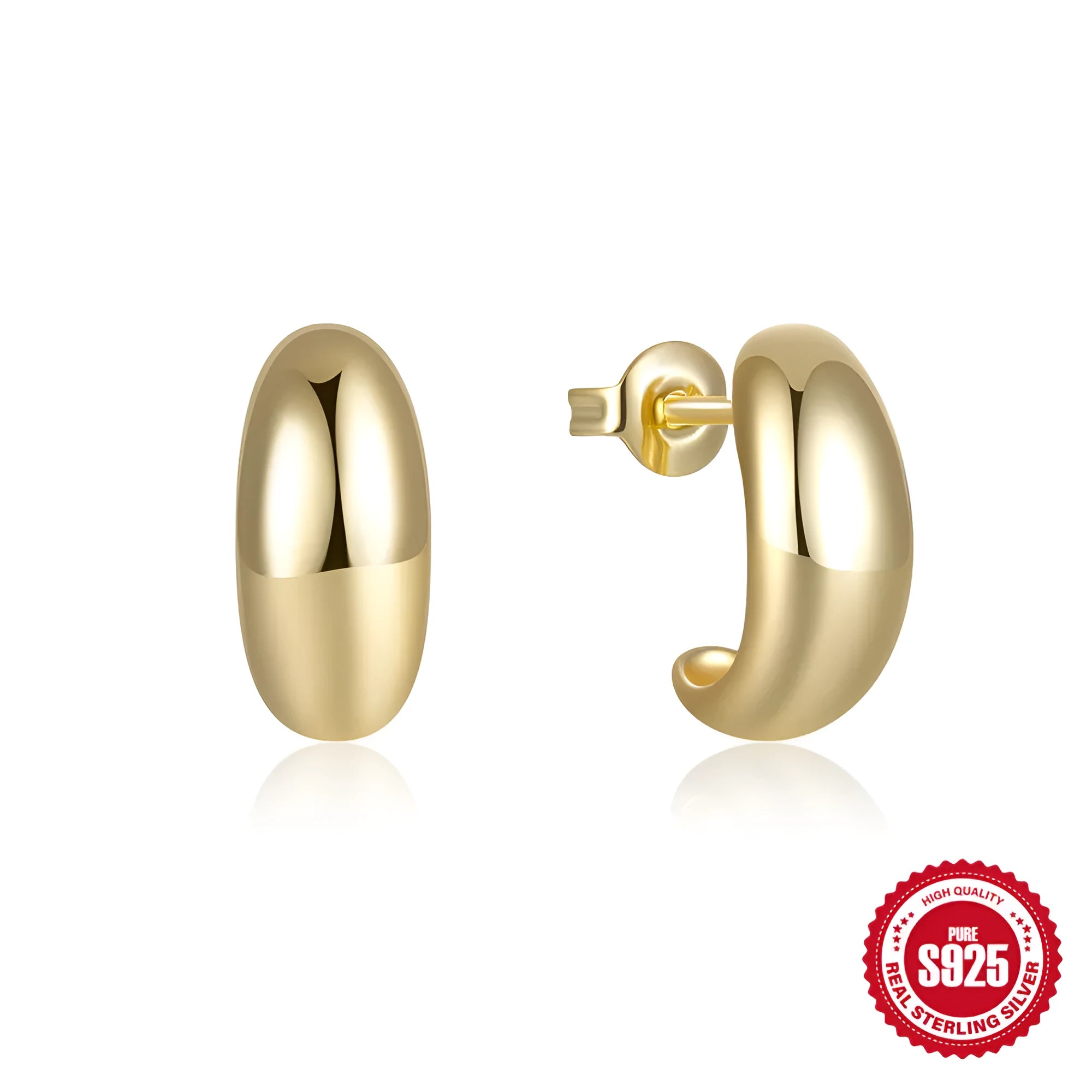 A single C-shaped glossy stud earring made of sterling silver, shown in a gold colour finish.