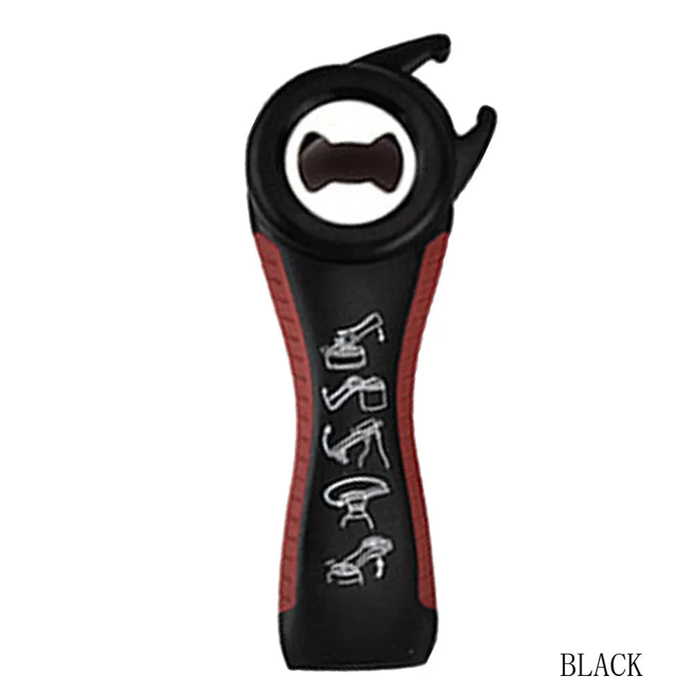 5 in 1 stainless steel and PP can opener and bottle opener, 14.5 cm by 5 cm, 70 g, in black, black grey, green, purple or white.