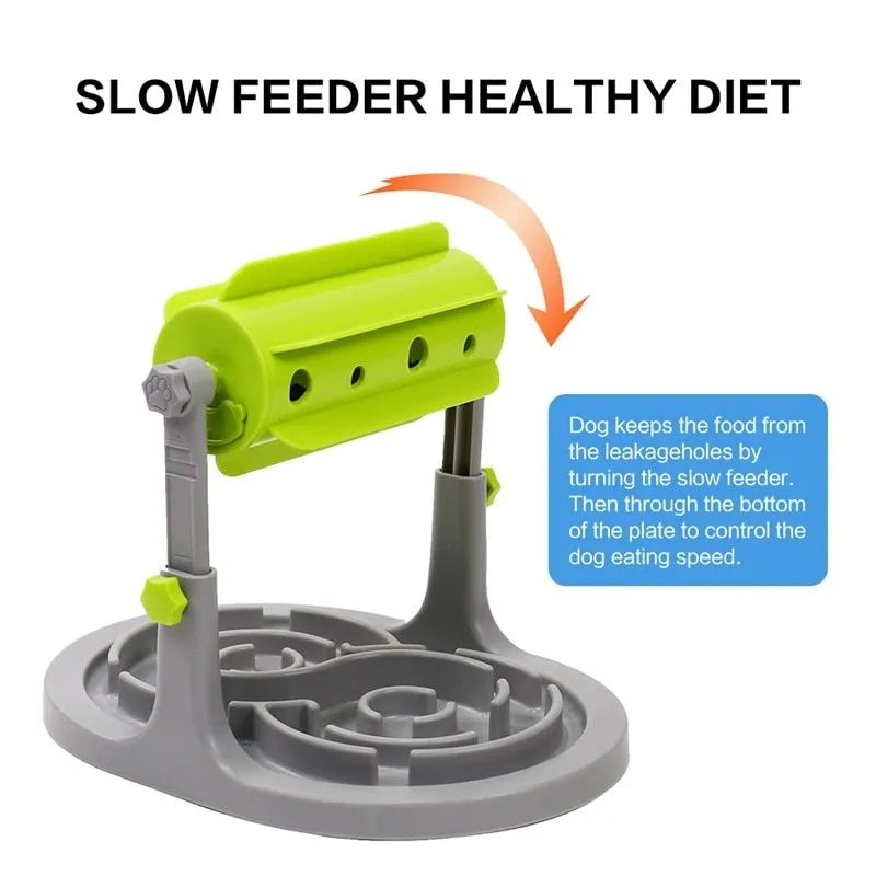 Rotatable slow feeder dog bowl in ABS plastic, 32x25x27cm, available in blue, green and pink, interactive puzzle toy